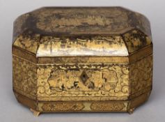 A late 19th century chinoiserie decorated tea caddy
Of canted rectangular form, the domed hinged lid