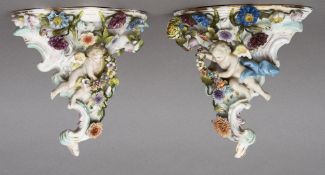 A pair of late 19th/early 20th century Sitzendorf porcelain wall brackets
With floral encrusted