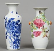 A 19th century Chinese blue and white vase Decorated with a bird and insects amongst foliage;