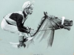 ROBIN ELVIN (born 1957) American
Lester Piggott Up
Pencil heightened with bodycolour
Signed and