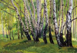 RUSSIAN SCHOOL (20th century) Silver Birches Oil on board Inscribed to verso 50 x 35 cms, unframed