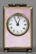A Continental 935 pink enamel decorated silver carriage clock The white enamel dial with Roman