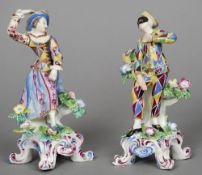 A pair of 19th century English porcelain figures, possibly Bow
Formed as a harlequin and a female