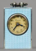 A light blue enamel decorated silver miniature carriage clock 5.25 cm high. CONDITION REPORTS: