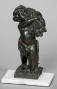 A 19th century bronze model of a putto gathering corn
Mounted on a marble plinth base.  18 cm