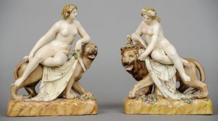 A pair of 19th century Staffordshire groups
Each formed as a naked maiden, one atop a lion, the