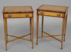 A pair of parquetry inlaid satinwood side tables
Each with a single frieze drawer, standing on