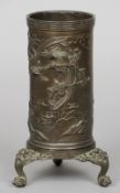 A 19th century Japanese bronze brush pot on stand
Of cylindrical form, decorated with birds