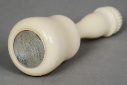 An early 20th century carved ivory presentation mallet The underside with an engraved silver