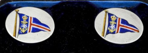 A pair of Victorian enamel decorated silver cufflinks
Each decorated with a shipping line flag.