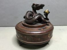 A 19th century Chinese patinated bronze box and cover
The removable lid mounted with a dragon