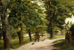 C. RILEY (19th century) British
Figures in a Tree Lined Avenue
Oil on canvas 
34.5 x 24.5 cm, framed