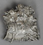 A Chinese unmarked silver brooch/pendant
Formed as figures riding a deer.  6.5 cm wide. CONDITION