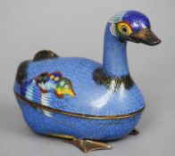 A Chinese cloisonne box and cover
Formed as a duck.  16.5 cm wide. CONDITION REPORTS: Some surface