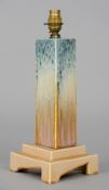 A Ruskin pottery lamp base
Of triangular section, with crystalline glaze, impressed mark Ruskin,