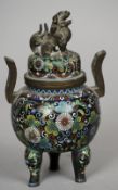 A Japanese cloisonne twin handled Koro and cover
Typically decorated with shishi finial.  15 cm