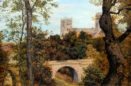 ENGLISH SCHOOL (19th/20th century)
Durham Cathedral
Oil on board
Old label to verso for The