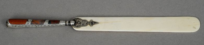 An Edwardian silver mounted agate set letter opener, hallmarked Birmingham 1901, maker's mark of J.