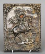 A white metal clad painted icon representing St. George killing the dragon
17 x 22 cm.
 CONDITION