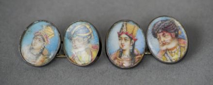 A pair of 19th century unmarked white metal cufflinks
Each painted with an Indian miniature