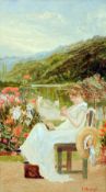 E.G. SLATER (20th century) British
Young Woman in a Lakeside Garden
Watercolour heightened with