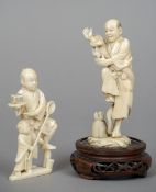 A late 19th century Japanese ivory okimono 
Formed as a man resting a snake, mounted on a pierced