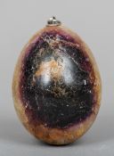 A carved Blue John mineral egg
With suspension loop.  7.5 cm long. CONDITION REPORTS: Generally in