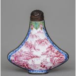 A Canton enamel snuff bottle
Decorated with figures before a river and a mountainous landscape,