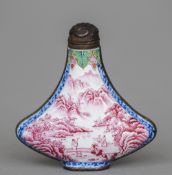 A Canton enamel snuff bottle
Decorated with figures before a river and a mountainous landscape,