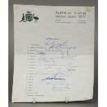 Australian Touring Cricket Team 1972 autographs
on official headed paper.
 CONDITION REPORTS: