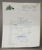 Australian Touring Cricket Team 1972 autographs
on official headed paper.
 CONDITION REPORTS: