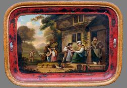 A 19th century painted tray
Decorated with a George Morlandesque scene, framed and glazed.  83.5 x