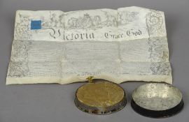 A Victoria by the Grace of God indenture dated 1847
Together with attached cased seal.  The seal