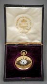 An 18 ct gold repeating half hunter pocket watch
The white enamel dial with Roman and Arabic