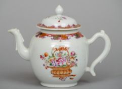 A 19th century Chinese porcelain teapot and cover
Decorated with opposing baskets of flowers.  14 cm