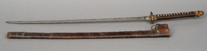 A Japanese officers sword
Of typical form with menuki bound shagreen handle and leather scabbard.