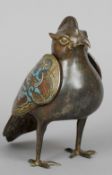 A Chinese bronze and cloisonne censor
Modelled as a bird, the detachable wings forming the cover.