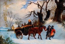 ENGLISH SCHOOL (19th century)
Figures With Horse and Cart in a Winter Landscape
Oil on board
13.5