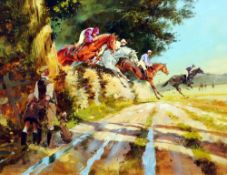 *AR JOHN HASKINS (born 1938) British
Point to Point
Oil on board
Signed and dated 78, old label to