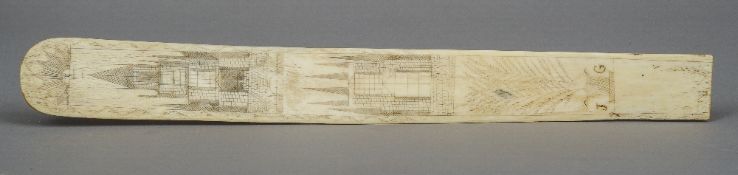 A 19th century engraved scrimshaw stay busk
Of typical form decorated with Gothic style buildings