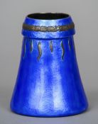 A Swedish enamel decorated silver vase
Of conical form with a blue ground, the top rim with a band