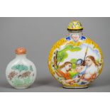 A Chinese enamel snuff bottle
Decorated with European scenes; together with a small Chinese glass