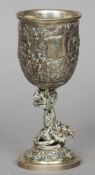 A 19th century Chinese silver trophy cup
The main body embossed with various warring figures amongst