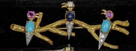 A ruby, sapphire, turquoise and diamond set yellow metal bar brooch
Formed as three birds perched on