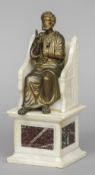 A Grand Tour type bronze figure
Modelled as a scholar seated on a carved alabaster bench, standing