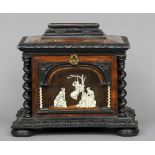 A 19th century Continental tortoiseshell, specimen wood and ivory inlaid table cabinet
The hinged