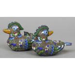 A pair of Chinese unmarked white metal filigree and cloisonne models of ducks
One looking forward,