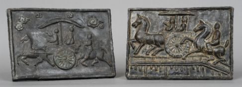 A pair of Chinese bronzed terracotta temple plaques
Worked with figures in horse drawn carriages and