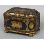 A 19th century Chinese Export lacquered tea caddy
Typically decorated with chinoiserie vignettes,