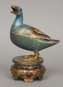 A late 19th century Chinese cloisonne censer
Modelled as a duck, standing on a pierced base.  23.5